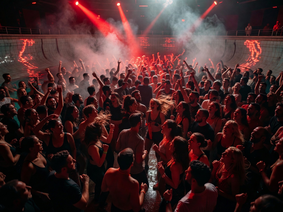 Bassiani swimming pool dance floor with red lights and packed crowd