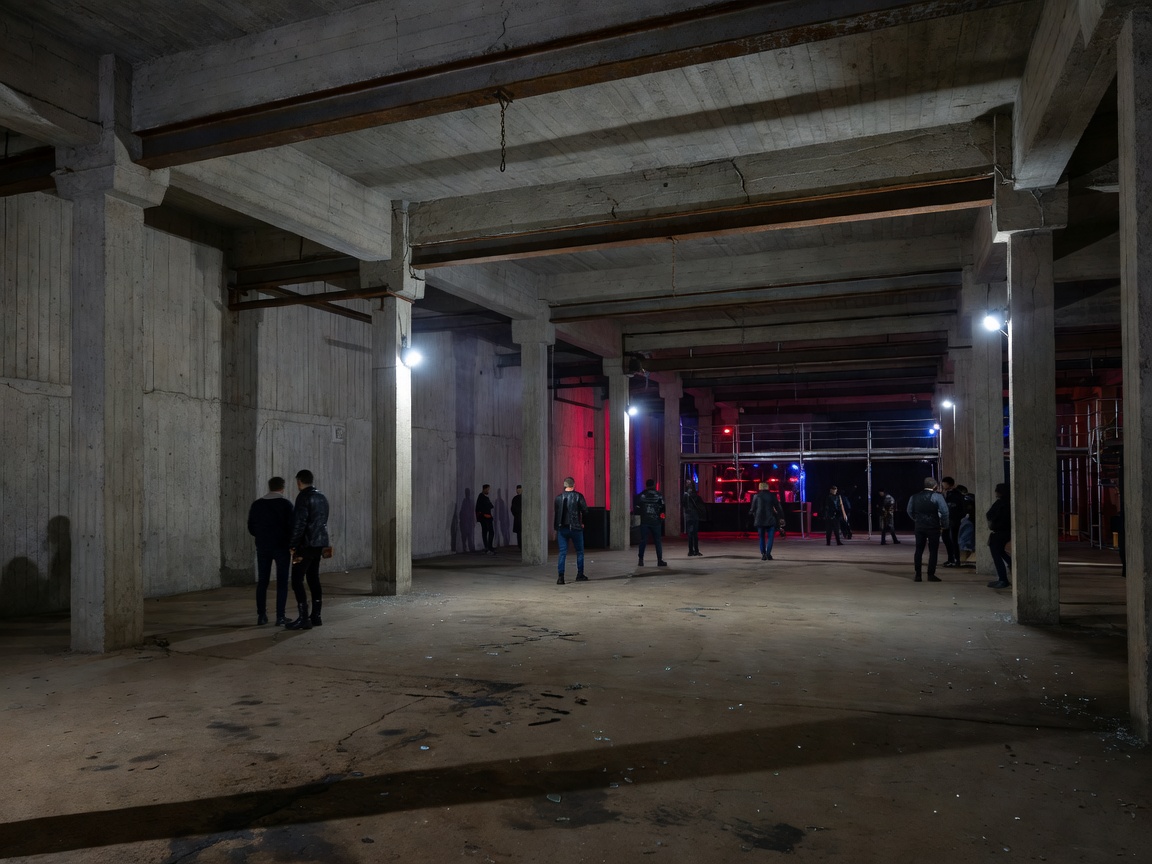 Brutalist concrete slaughterhouse club hall in Belgrade