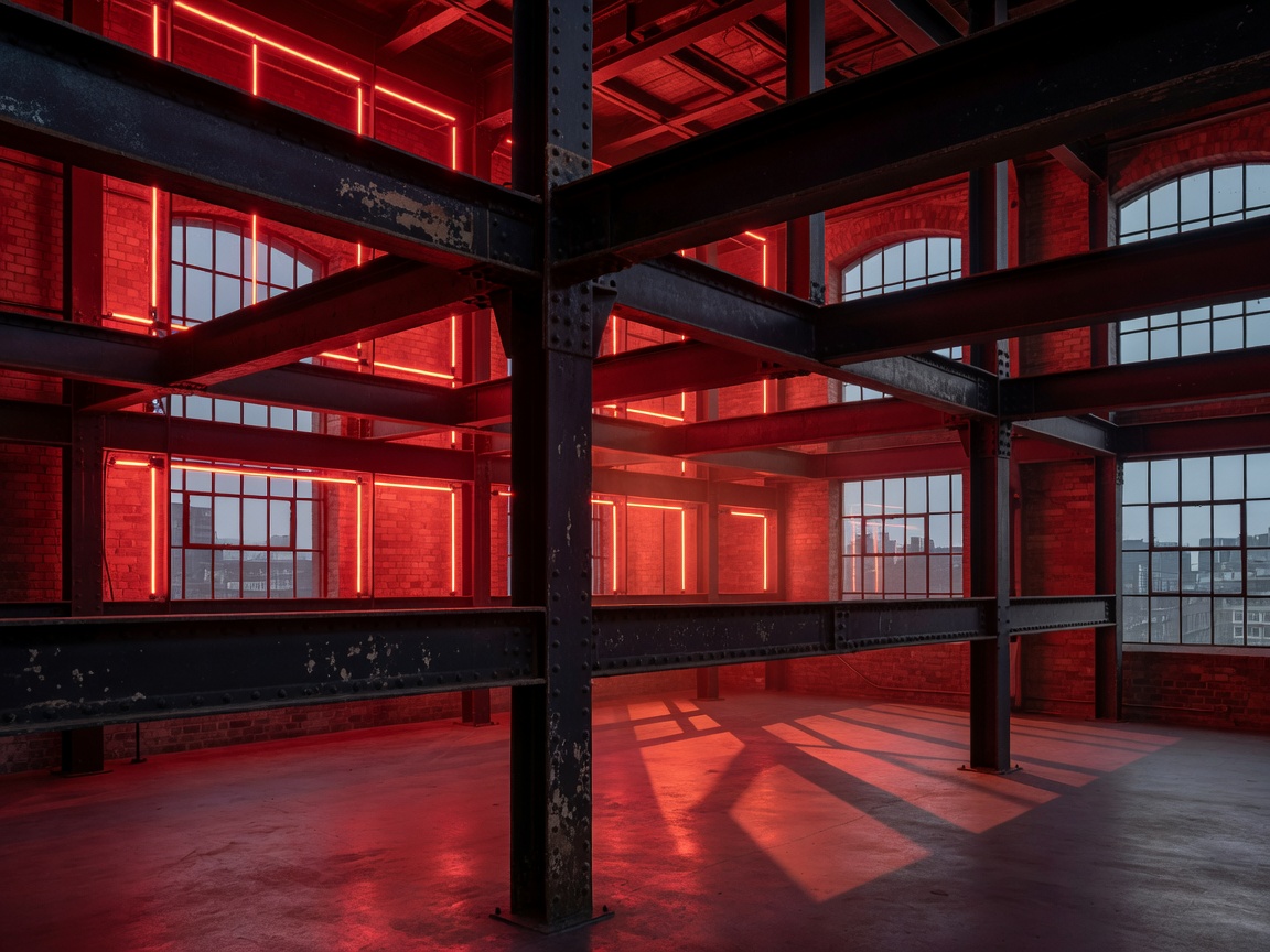 Industrial steel beam venue in London with red neon backlight
