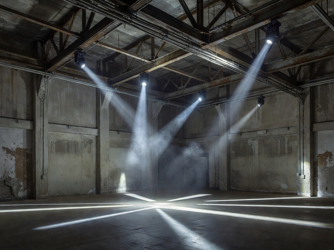 Industrial warehouse venue interior with strobes and concrete walls in Berlin