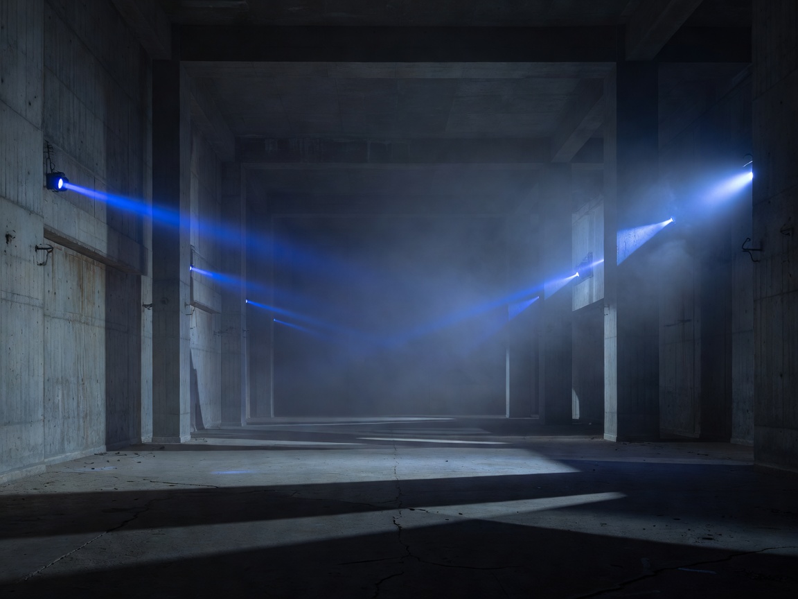 Massive brutalist industrial concrete room in Kraftwerk Berlin with haze and blue strobes