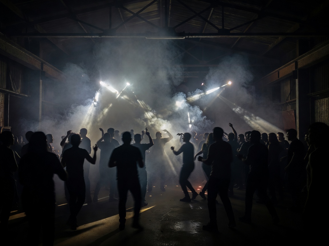 Smoky dark warehouse club with strobe lights and crowd silhouette