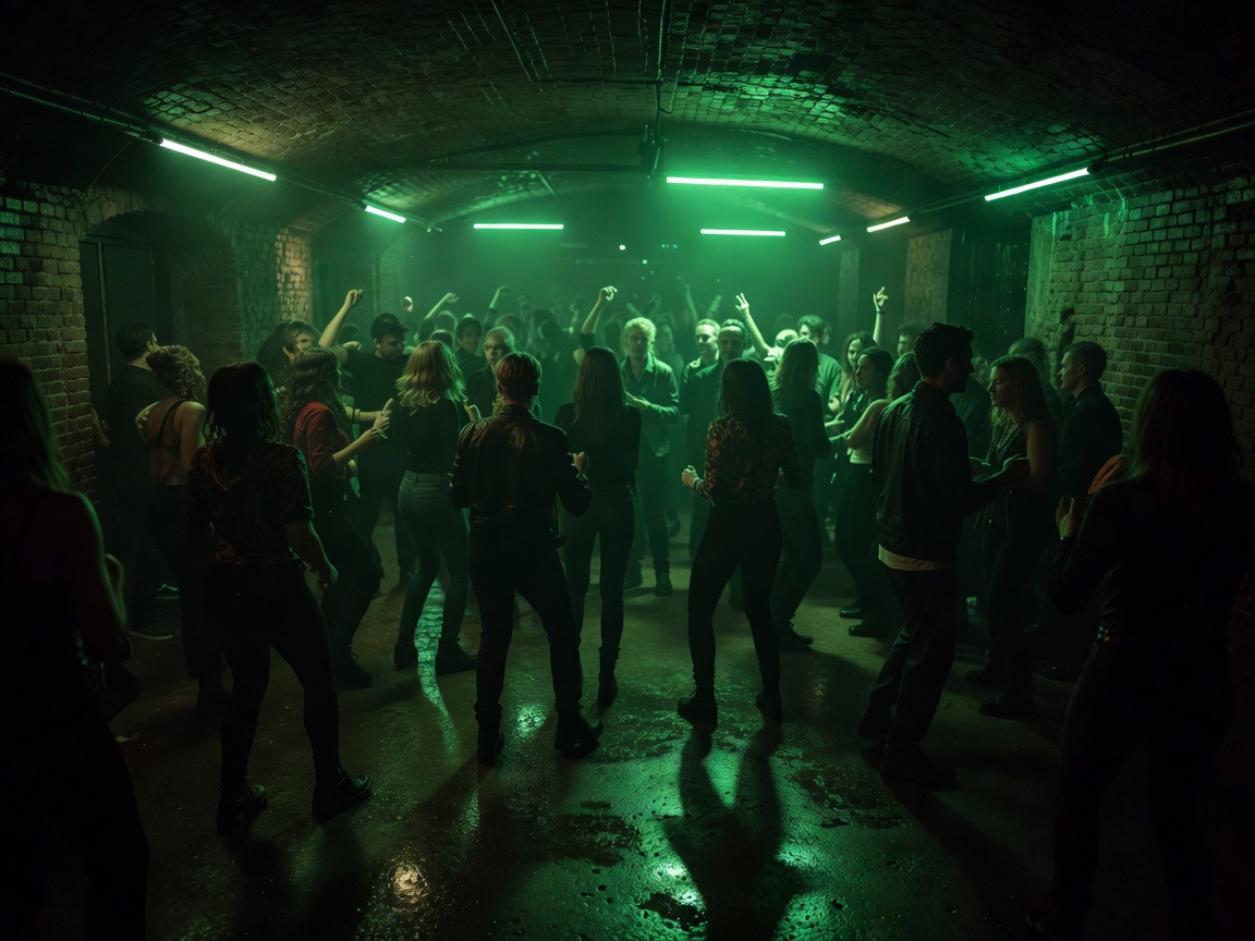 Subterranean dark club floor in Amsterdam with green mood lighting
