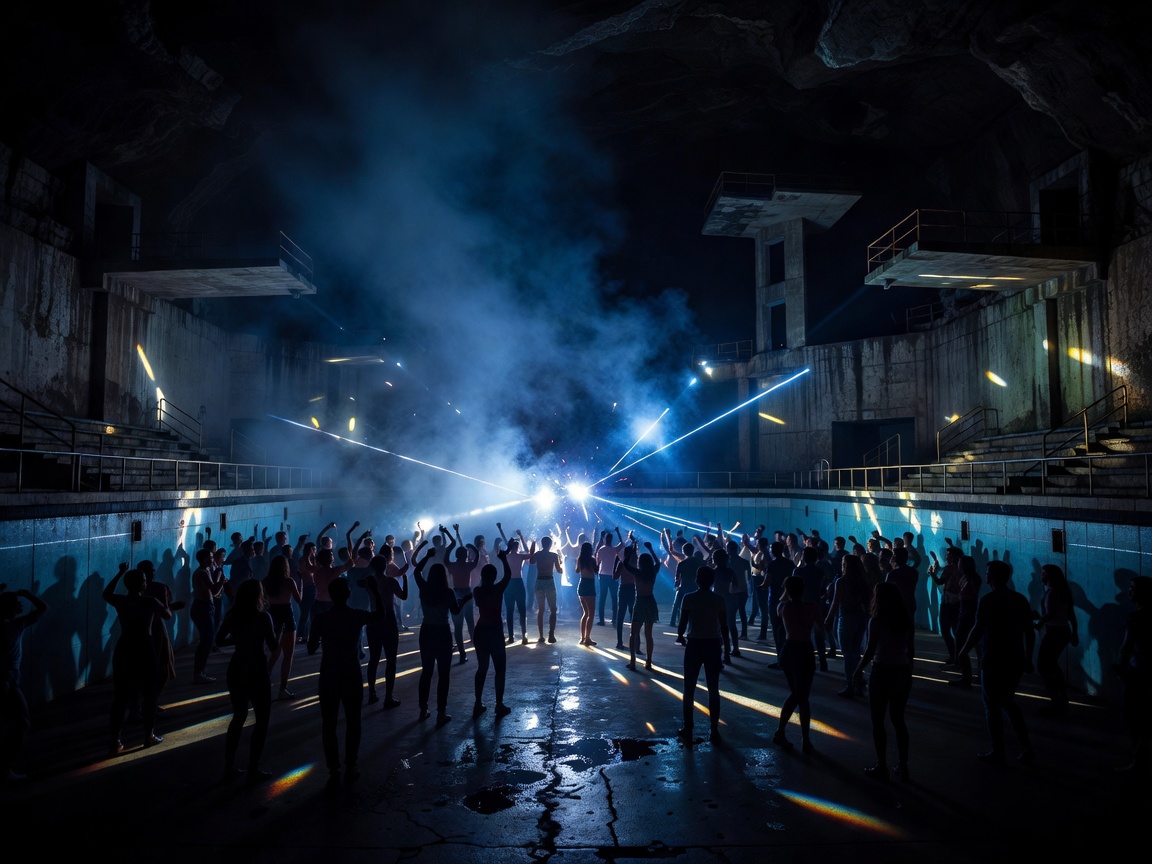 Underground swimming pool stadium turned club floor with dark blue haze and strobe lights