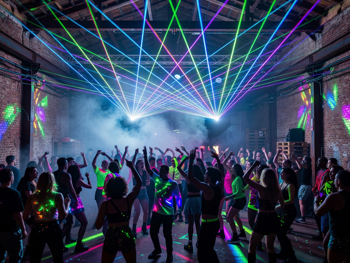 Warehouse rave in Amsterdam with laser array over dancing crowd