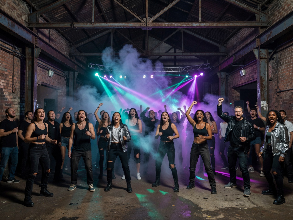 Warehouse rave in East London with industrial trusses